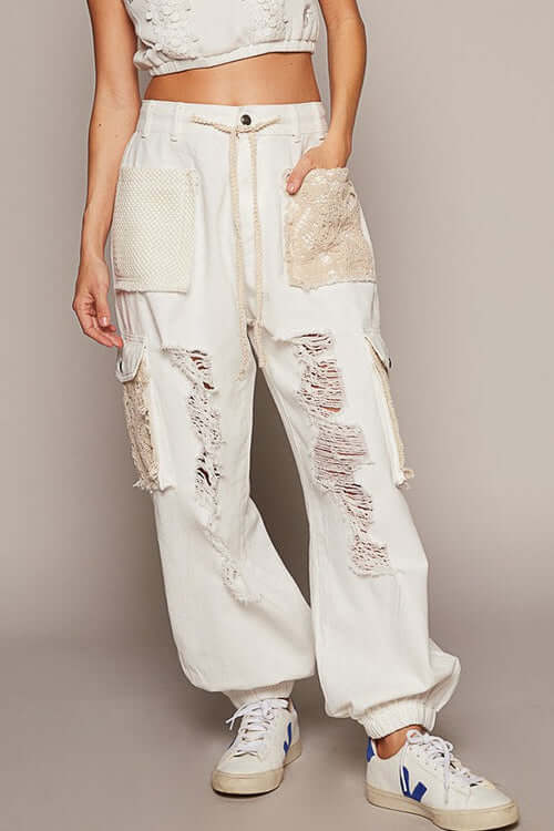 POL Crochet Patch Distressed Washed Jeans - Stylish & Comfy