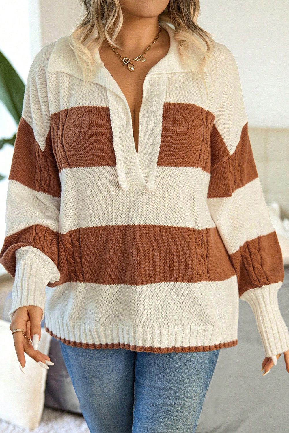 Stripes Collared Neck Corded Sweater - Trendy & Comfortable