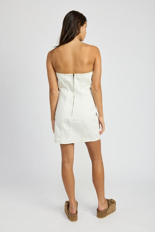 Denim Tube Dress with Rosette Detail - Stylish Cotton Dress