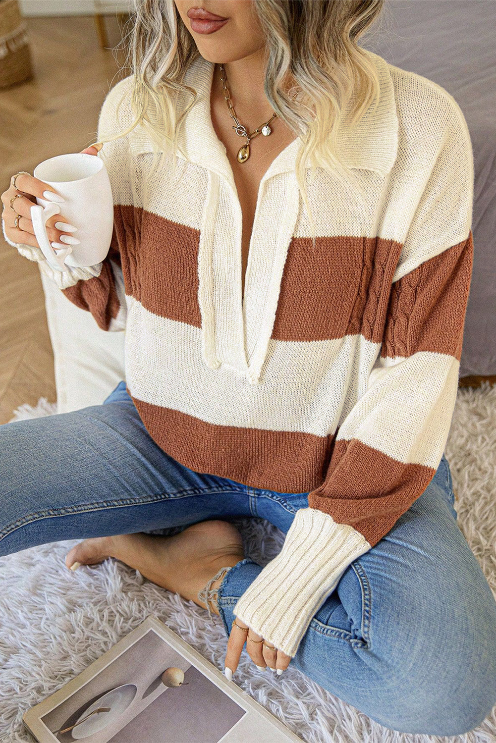 Stripes Collared Neck Corded Sweater - Trendy & Comfortable