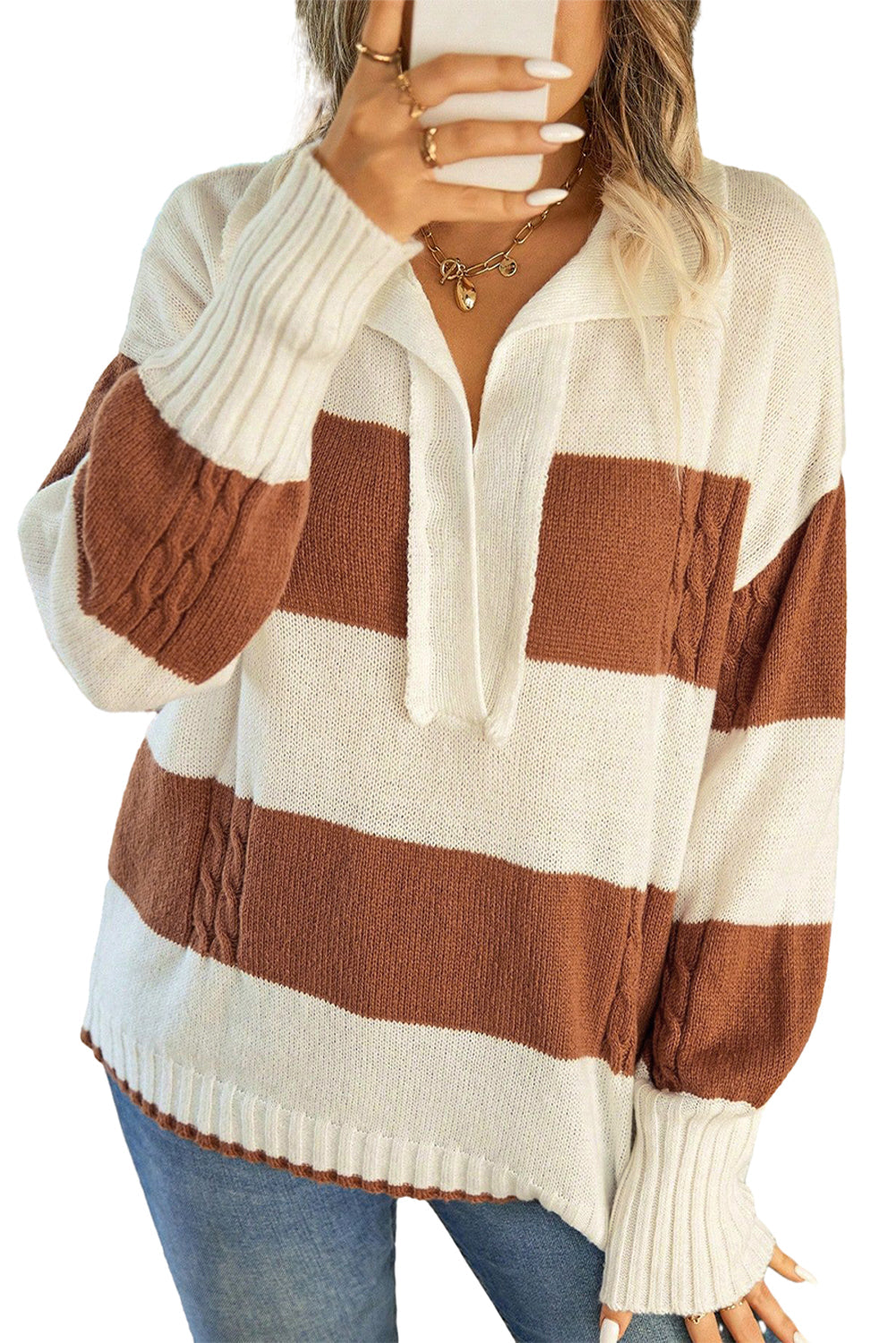 Stripes Collared Neck Corded Sweater - Trendy & Comfortable