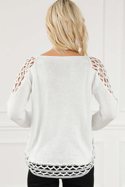 White Scoop Neck Hollow Out Sweater - Trendy & Comfortable