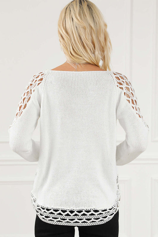 White Scoop Neck Hollow Out Sweater - Trendy & Comfortable
