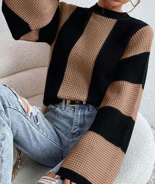 Color Block Striped Bell Sleeve Sweater - Stylish & Warm