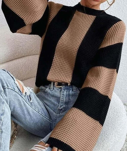 Color Block Striped Bell Sleeve Sweater - Stylish & Warm