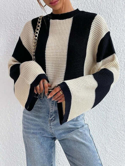 Color Block Striped Bell Sleeve Sweater - Stylish & Warm