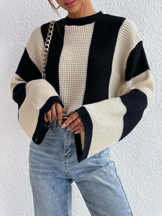 Color Block Striped Bell Sleeve Sweater - Stylish & Warm