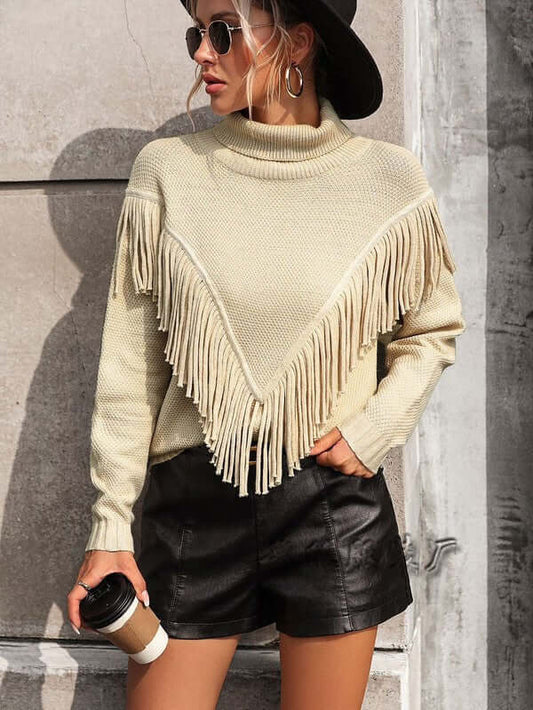 tylish Fringe Turtleneck Sweater for Women - Made in China