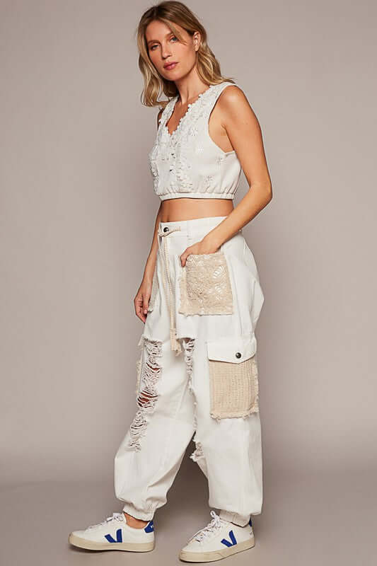 POL Crochet Patch Distressed Washed Jeans - Stylish & Comfy