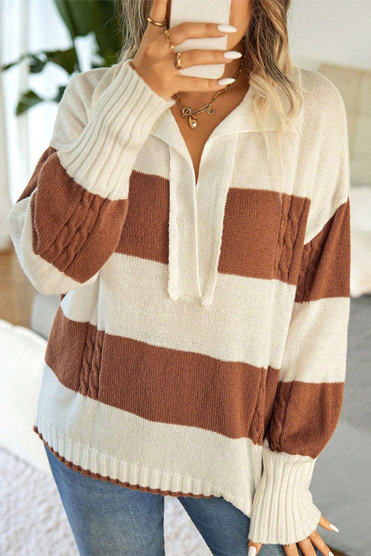 Stripes Collared Neck Corded Sweater - Trendy & Comfortable