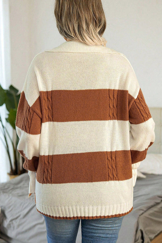 Stripes Collared Neck Corded Sweater - Trendy & Comfortable