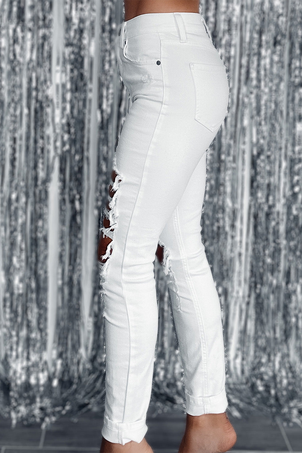 White Distressed Ripped Holes High Waist Skinny Jeans - Trendy Fashion