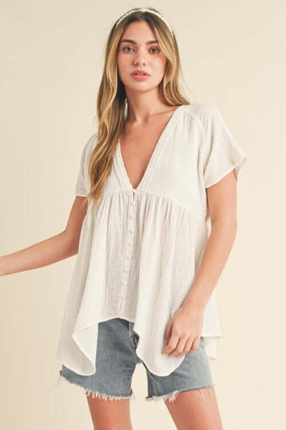 Stylish V-Neck Short Sleeve Blouse - Aemi + Co