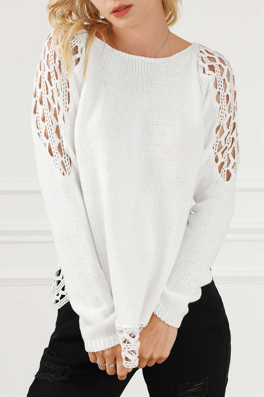 White Scoop Neck Hollow Out Sweater - Trendy & Comfortable