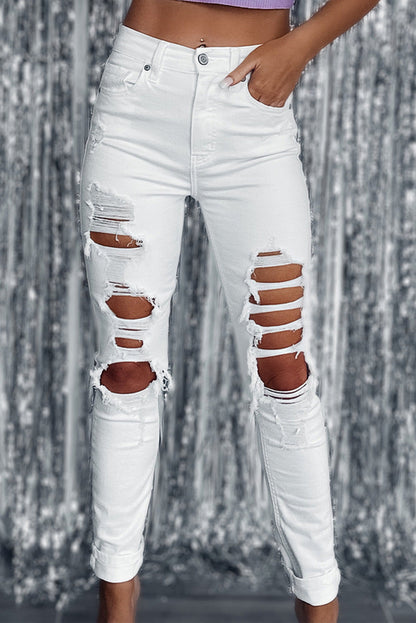 White Distressed Ripped Holes High Waist Skinny Jeans - Trendy Fashion