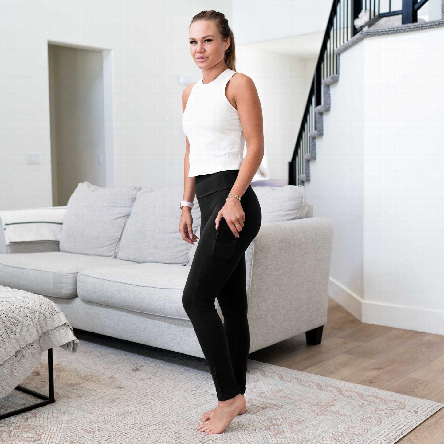 High Waist Long Leggings With Phone Pocket - Stretch Cotton