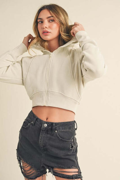 Trendy Zip-Up Raglan Sleeve Cropped Hoodie - Aemi + Co