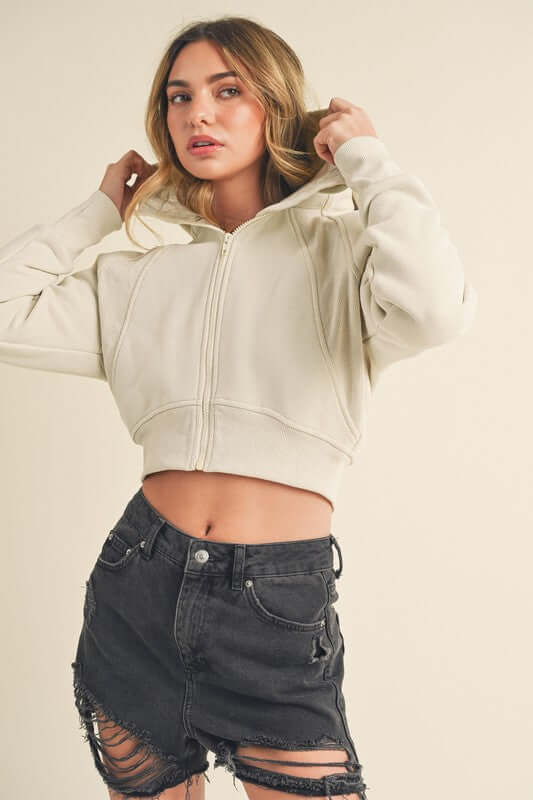 Trendy Zip-Up Raglan Sleeve Cropped Hoodie - Aemi + Co
