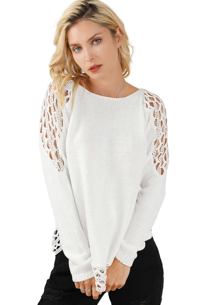 White Scoop Neck Hollow Out Sweater - Trendy & Comfortable