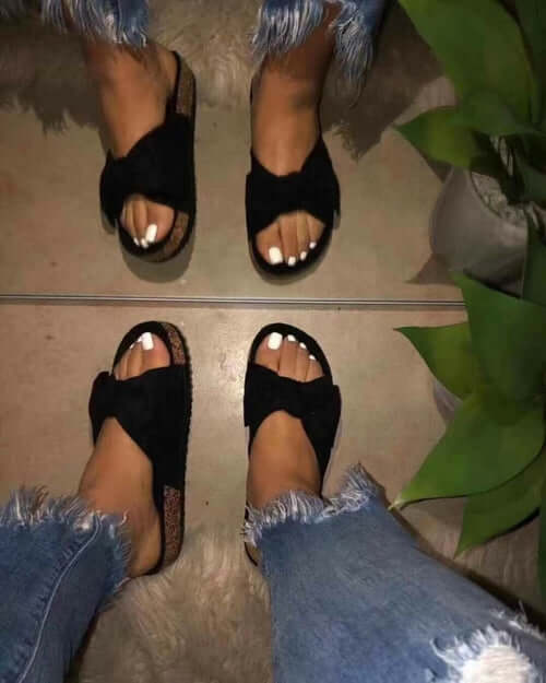 Comfy Bow Slide Sandals - Black | Women's Summer Footwear - TrendyShoes