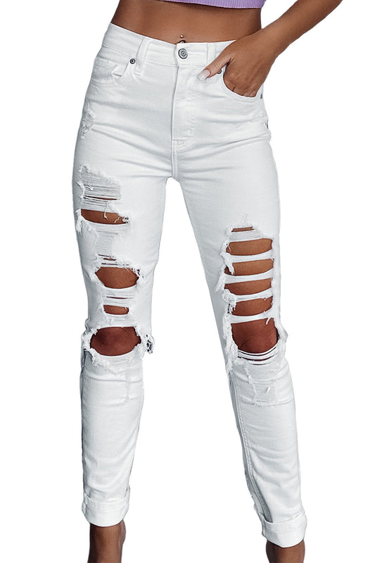White Distressed Ripped Holes High Waist Skinny Jeans - Trendy Fashion